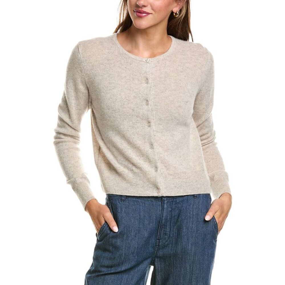 Forte Cashmere Womens Basic Cropped Button 100% Cashmere Cardigan, Grey